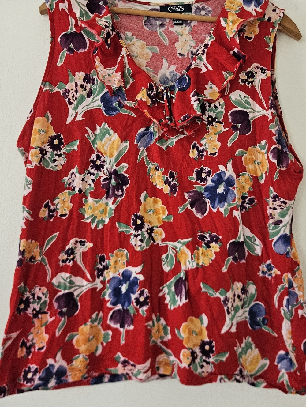Chaps Womens Tank Top XXL Red Floral Boho Ruffle Cottage Tropical Cotton Peasant - Picture 3 of 8